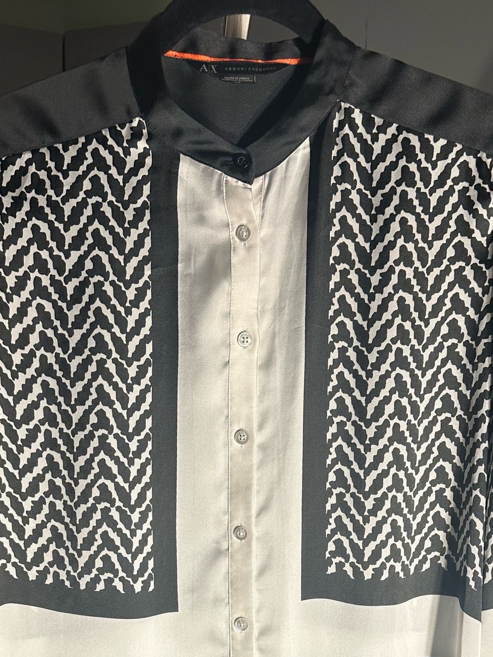 Armani Exchange Black and Cream Geometric Block Button-Up Shirt